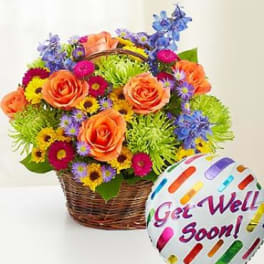 Mixed flower basket with a Get Well Soon balloon