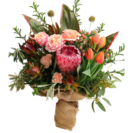 Protea and more Handtied Bouquet in Vase with Burlap .