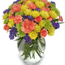 Colorful mixed bouquet of carnations in a clear glass vase