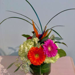 Bright gerbera daisies and hydrangeas in a green vase with tall tropical leaves