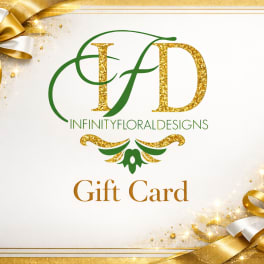 Gold and white gift card with ribbon bows and floral design logo
