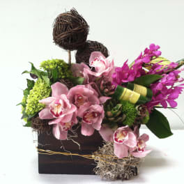 Pink orchids and green blooms arranged in a dark wooden box
