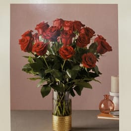 Red roses arranged in a clear vase with a gold base