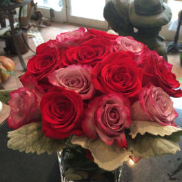 Bouquet of red and pink roses in a clear square vase