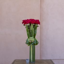 Tall vase arrangement of red roses with green orchids in a glass cylinder