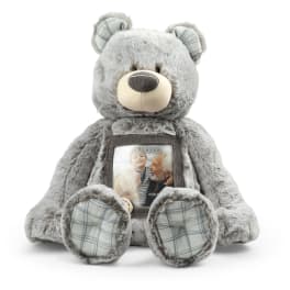 Gray plush teddy bear with a photo pocket on its chest