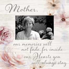 Sympathy card with a woman’s portrait and the words "Mother, our memories will not fade"