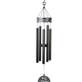 Black metal wind chime with decorative top and memorial disc reading "Always in our Hearts".