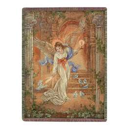 Decorative tapestry showing an angel with birds in a classical setting