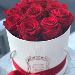 Red roses arranged in a white round box with a red ribbon