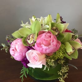 Pink peonies and roses with green orchids in a low vase