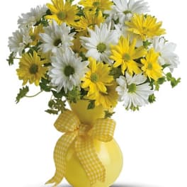 Yellow and white daisies in a yellow vase with a gingham ribbon