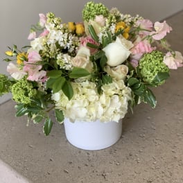 Mixed pastel bouquet in a white round box