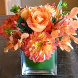 Orange floral arrangement in a square glass vase