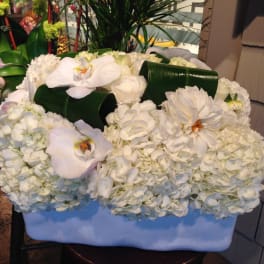 White floral arrangement with orchids and hydrangeas in a rectangular container