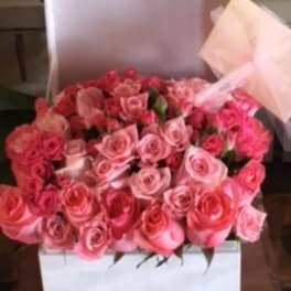 Box of pink roses with pale pink wrapping