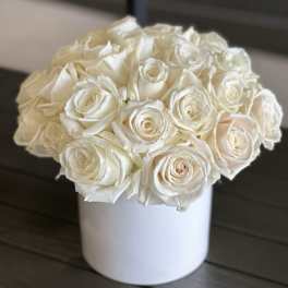 White rose bouquet in a white cylindrical vase