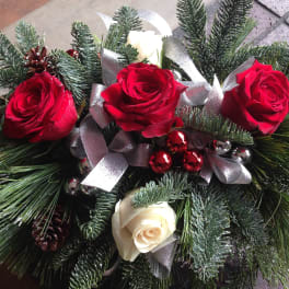 Red and white roses with pine branches and silver ribbon
