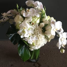 White orchid and hydrangea bouquet in a glass vase