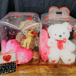 Two teddy bears in clear heart-decorated gift boxes with a card