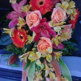 Bouquet of pink roses, gerbera daisies, and alstroemeria with ribbon tails