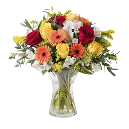Mixed bouquet of roses, gerbera daisies, and white alstroemeria in a glass vase