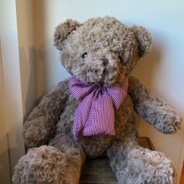 Plush teddy bear with a red checkered bow