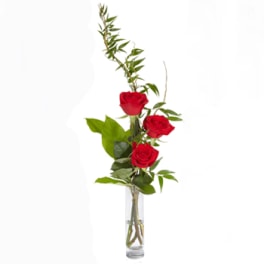 Three red roses in a clear glass vase with tall greenery