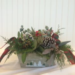 Holiday arrangement in a decorative box with pinecones and ribbon