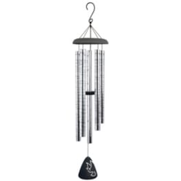 Black metal wind chime with silver tubes and a hanging clapper