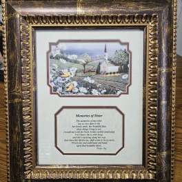 Framed memorial print with a church scene and poem