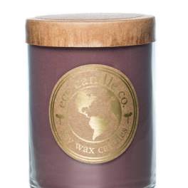 Purple candle in a glass jar with a wooden lid