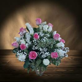 2 Dozen Pink and White Roses
