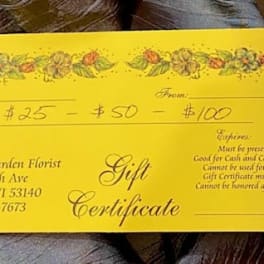 Yellow florist gift certificate with floral border and handwritten amounts
