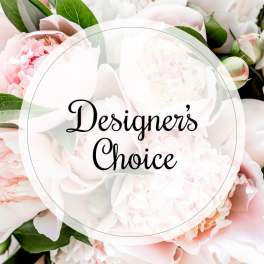 Pink and white peonies with green leaves and a "Designer’s Choice" label