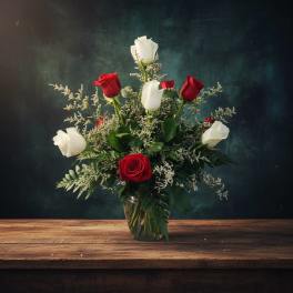Red and white roses arranged in a clear glass vase