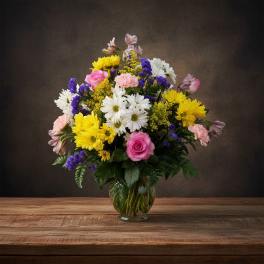 Mixed bouquet of pink, yellow, white, and purple flowers in a glass vase