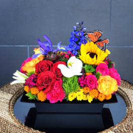 Colorful floral arrangement in a black container with a butterfly accent