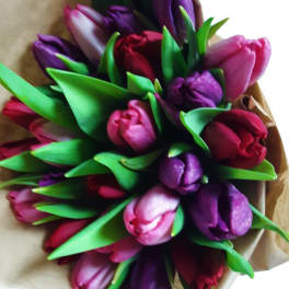 Bouquet of pink, purple, and red tulips wrapped in brown paper