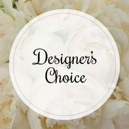 White flowers with a circular "Designer’s Choice" label in the center.