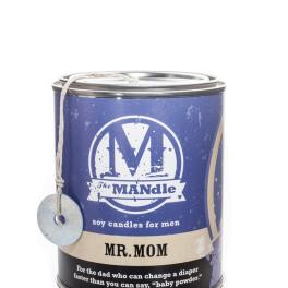 Blue soy candle in a metal tin with a hanging tag
