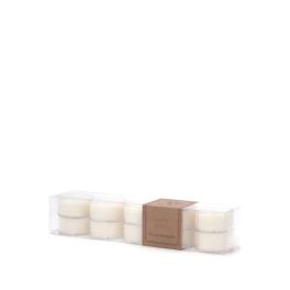 Pack of white tealight candles in a clear plastic box