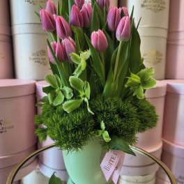 Pink tulips arranged in a pale green vase with green blooms