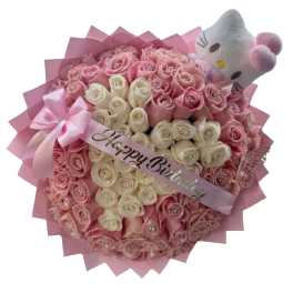 Pink and white rose bouquet with a Hello Kitty plush and birthday ribbon