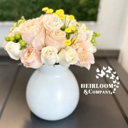 Blush and white rose bouquet in a white vase