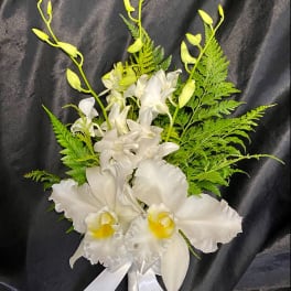 White orchid bouquet with green fern accents and a white ribbon
