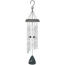 Hanging memorial wind chime with printed tubes and a dark clapper
