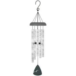 Hanging wind chime with silver tubes and a dark top and sail