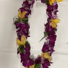 Purple and yellow orchid lei on a white background