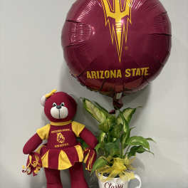 Arizona State balloon, teddy bear, and potted plant in a mug